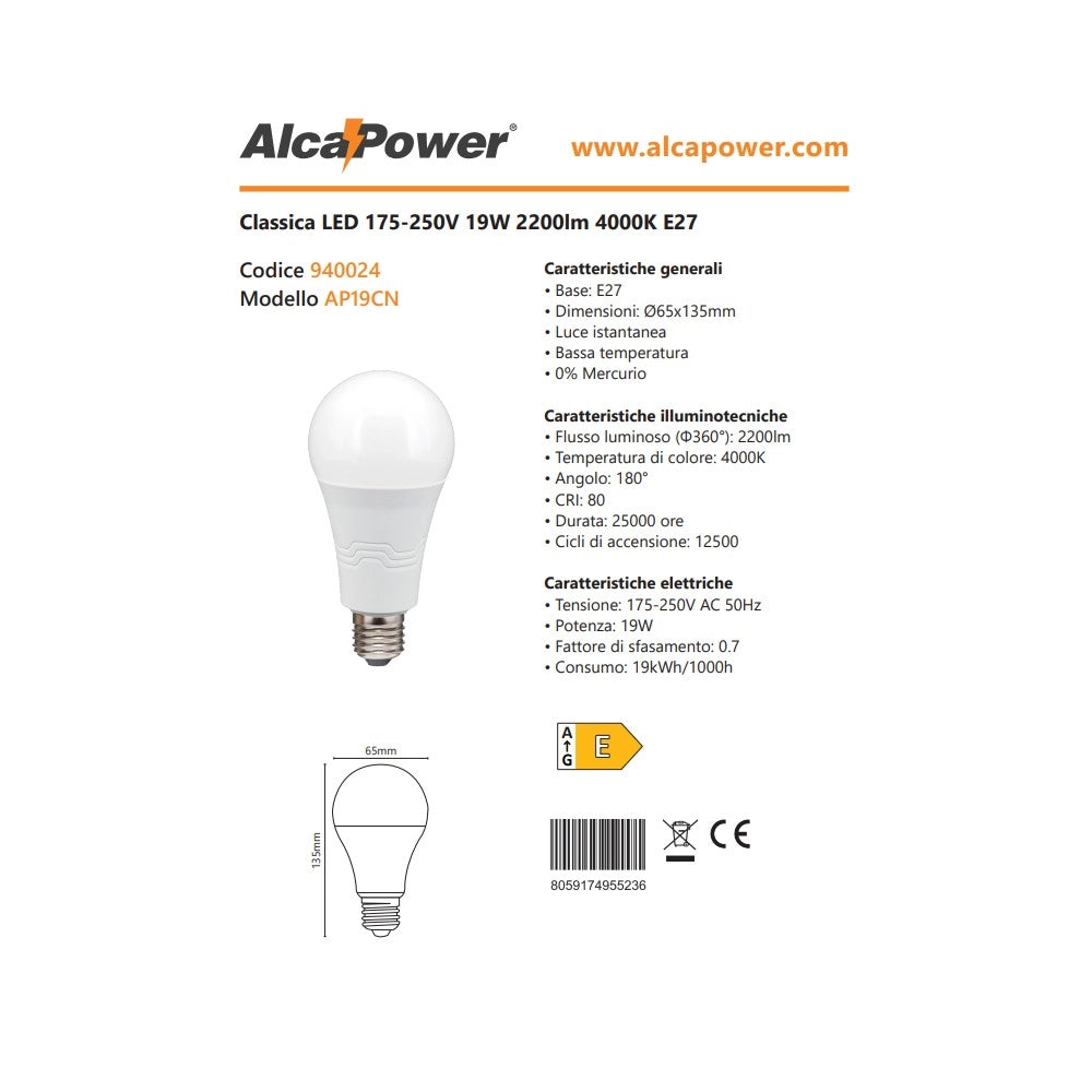 Alca power a65 19w 175-250v 2200lm 4000k e27 lampada classica a led
