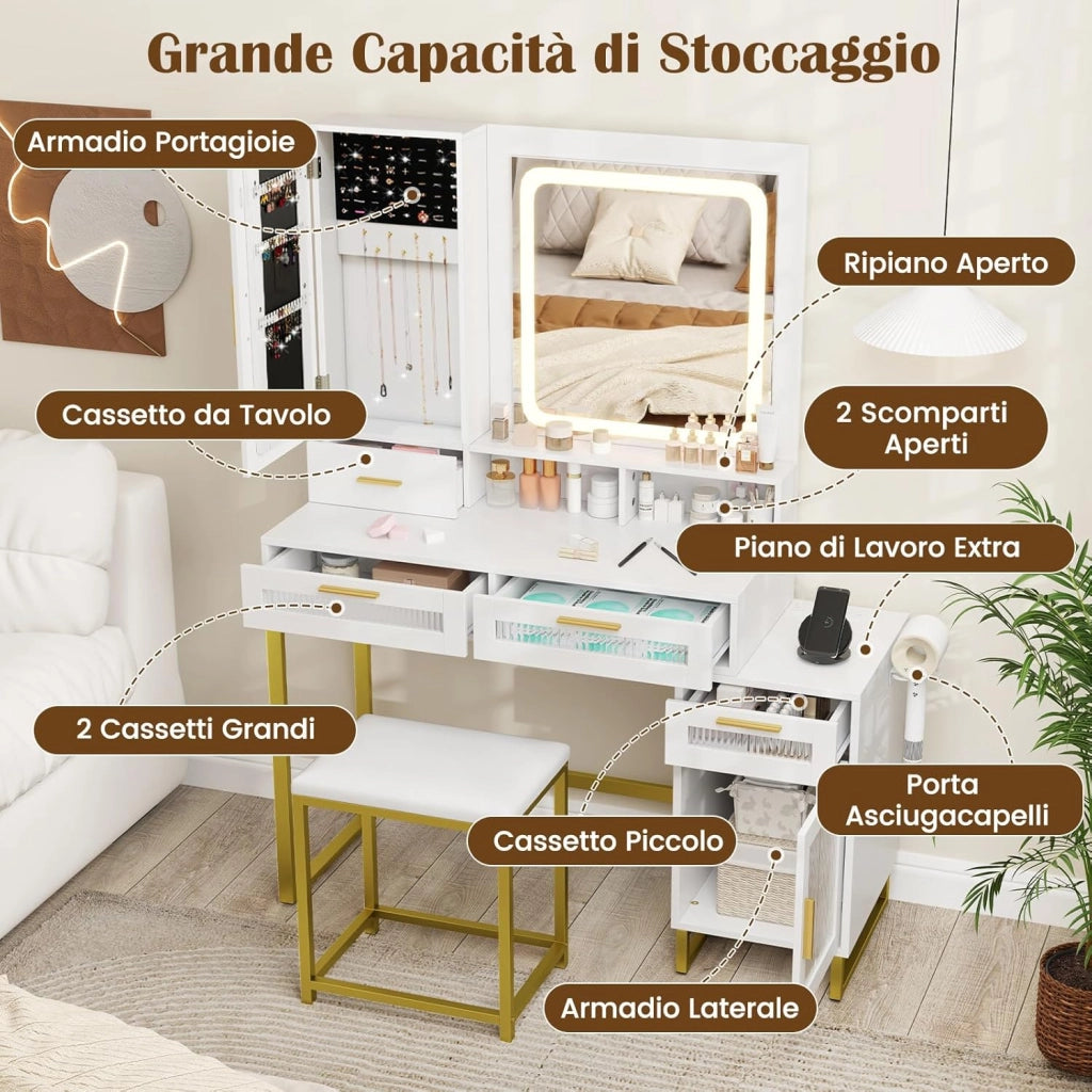 Toeletta da Trucco con Luci, Set Tavolo e Sgabello da Trucco con Stazione di Ricarica, Luci LED a 3 Colori, 3 Cassetti, Armadietto per Gioie, Supporto per Asciugacapelli (Modello 2)