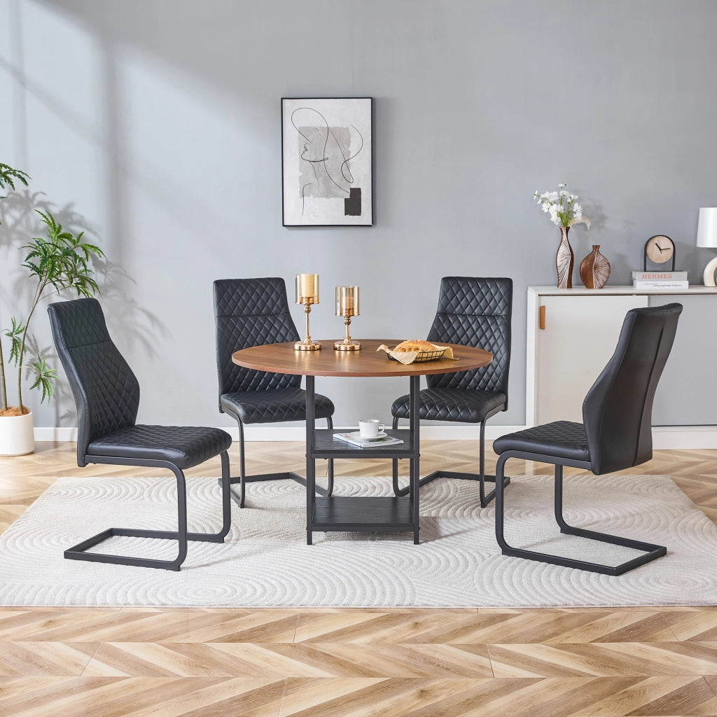 Tavolo da pranzo rotondo con doppio piano d’appoggio e 4 sedie in pu nero, metallo e mdf, 107 cm × 75 cm