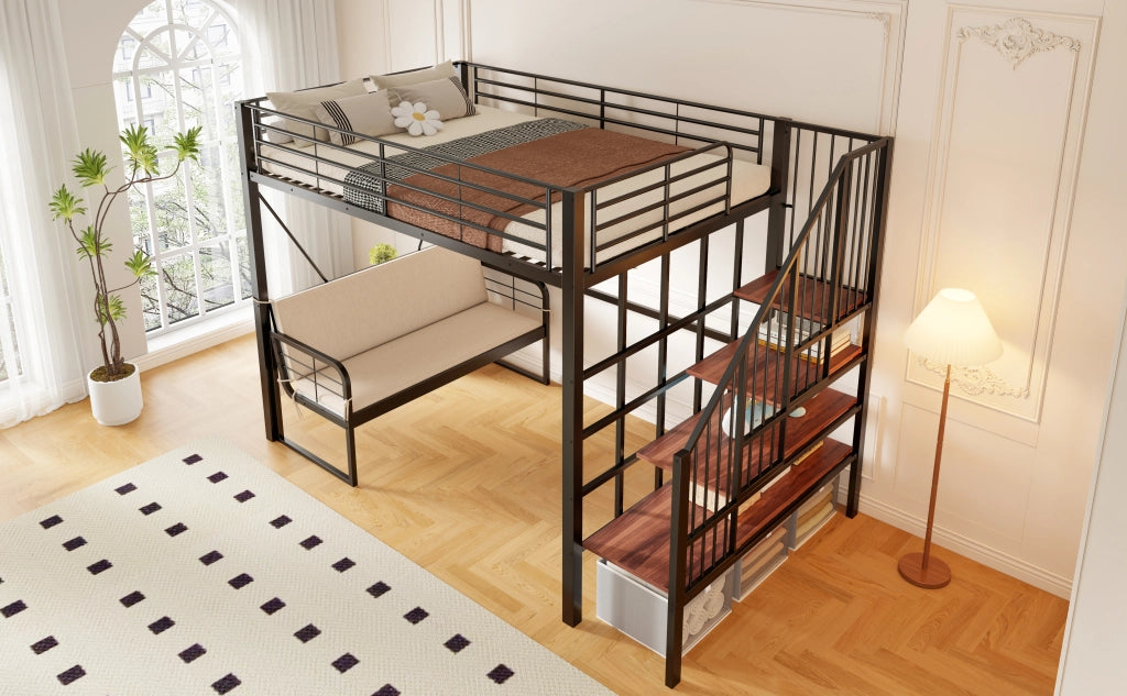 DESMIU Letto a castello 140 × 200 cm 3 posti con divano sfoderabile, scala contenitore, senza materasso, in metallo, nero