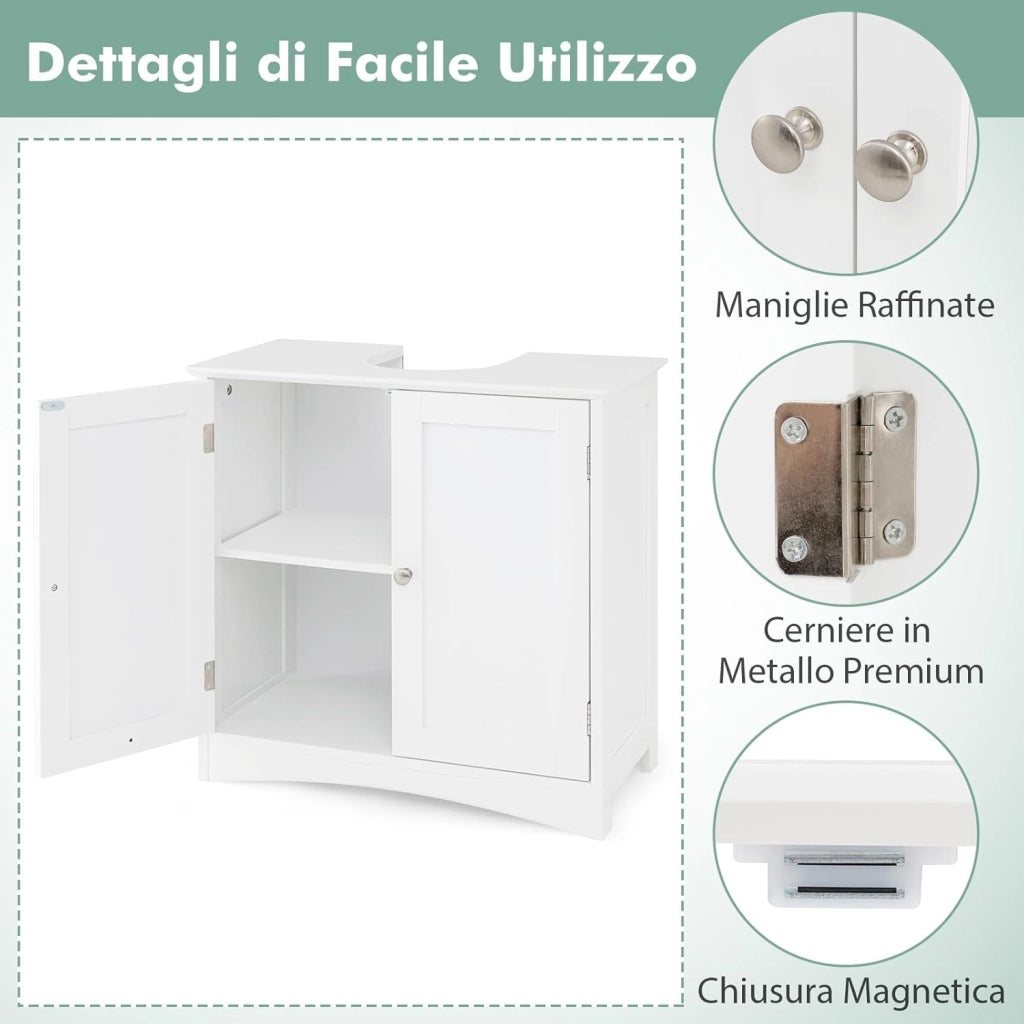 Mobile Sottolavabo per Bagno, Armadietto a Terra con 2 Ante, Ripiano e Taglio a U 22 x 19cm, Organizzatore Moderno e Salvaspazio per Prodotti da Toeletta e Asciugamani, Bianco