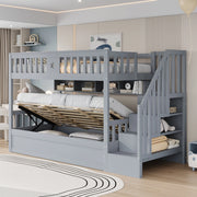 OKWISH Letto a castello 90×200 cm, Letto Singolo con vano contenitore idraulico, Scala contenitore e Mensole, senza Materasso, Legno, Grigio