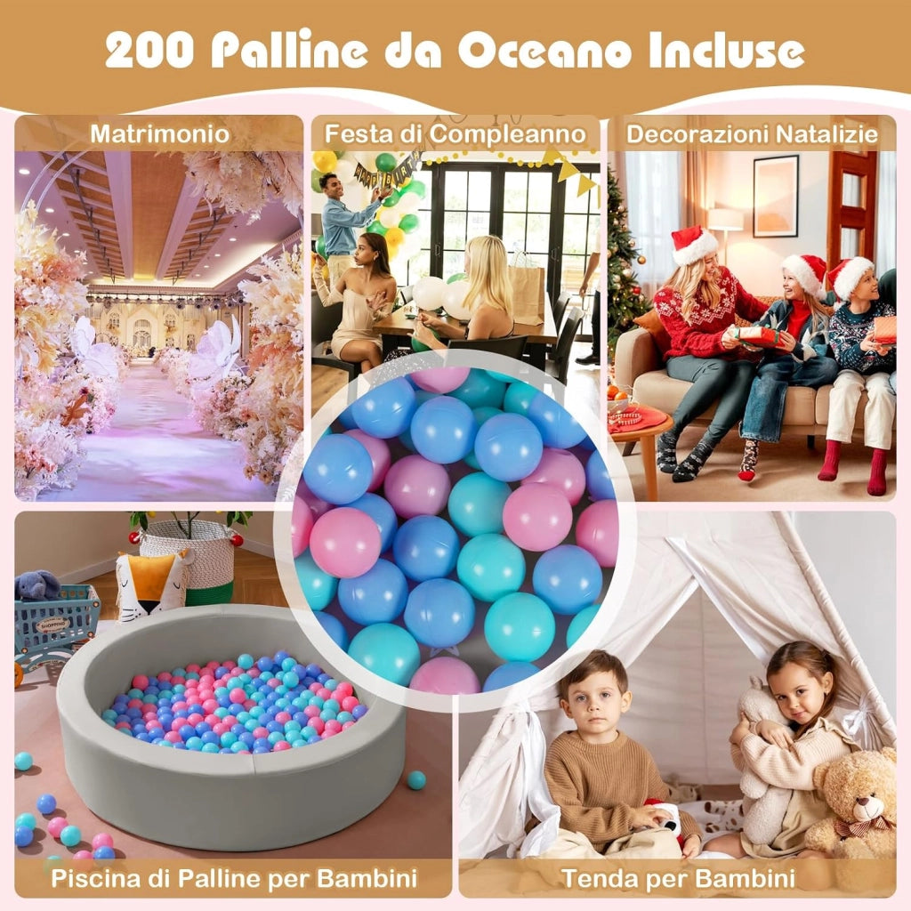 Piscina di Palline per Bambini, Vasca Rotonda con 200 Palline Colorate, Sacchetto in Rete e Copertura Rimovibile, Piscinetta in Morbida Schiuma per Soggiorno e Camera di Bambino (Grigio)