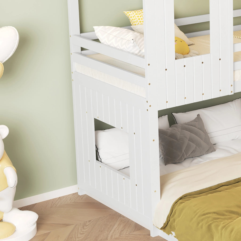 Letto a Castello 90x200 cm e 140x200 cm; Letto 3 Posti - con Scivolo; Scala e Tetto - Bianco