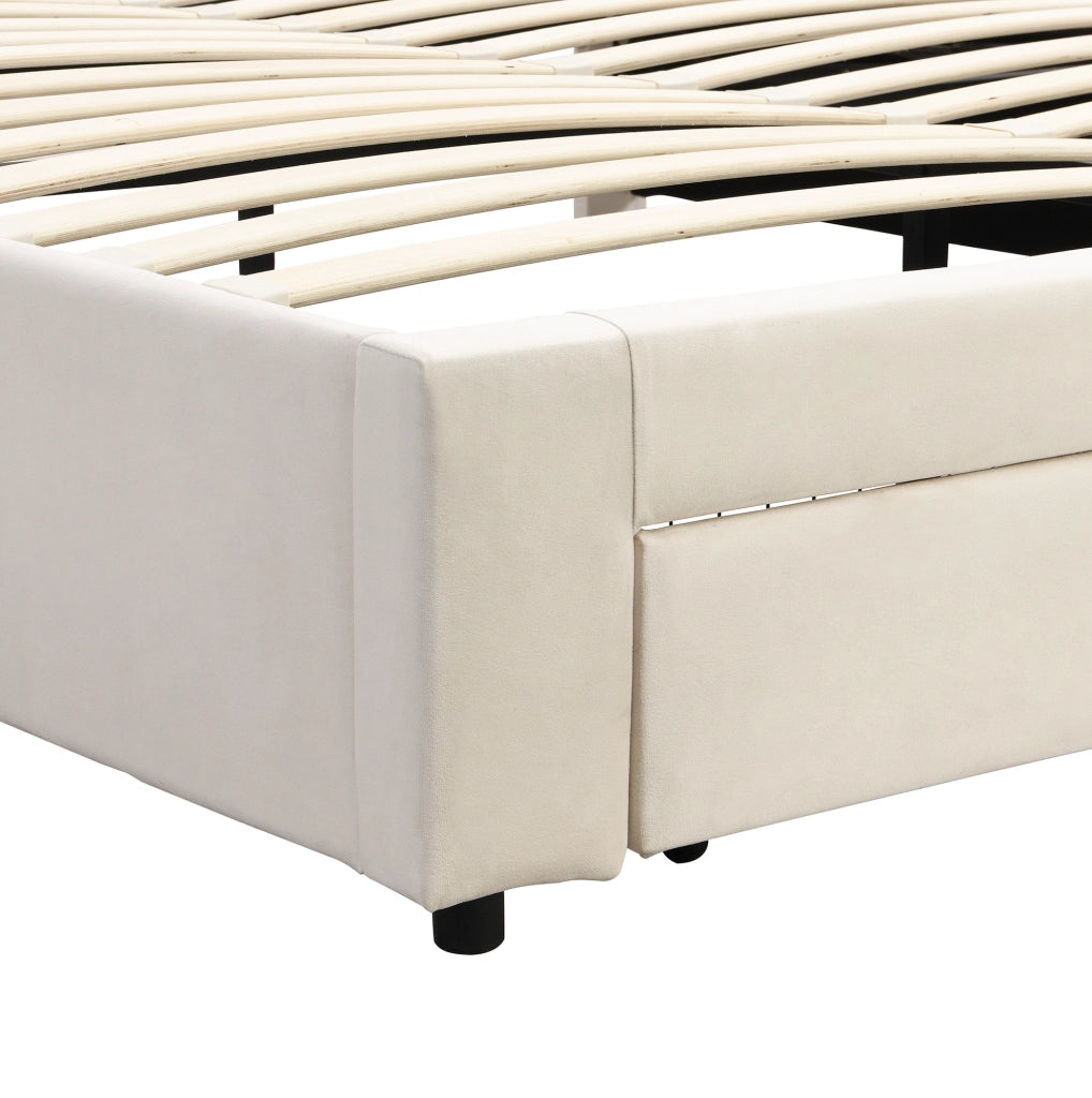Letto matrimoniale imbottito in velluto beige 160x200 cm con contenitore e cassetti