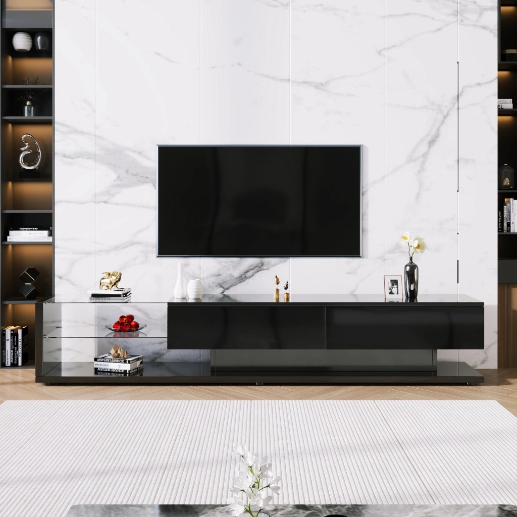Mobile porta TV lucido con 2 cassetti, 2 ripiani in vetro e LED app in truciolato nero 170 × 36 × 38 cm