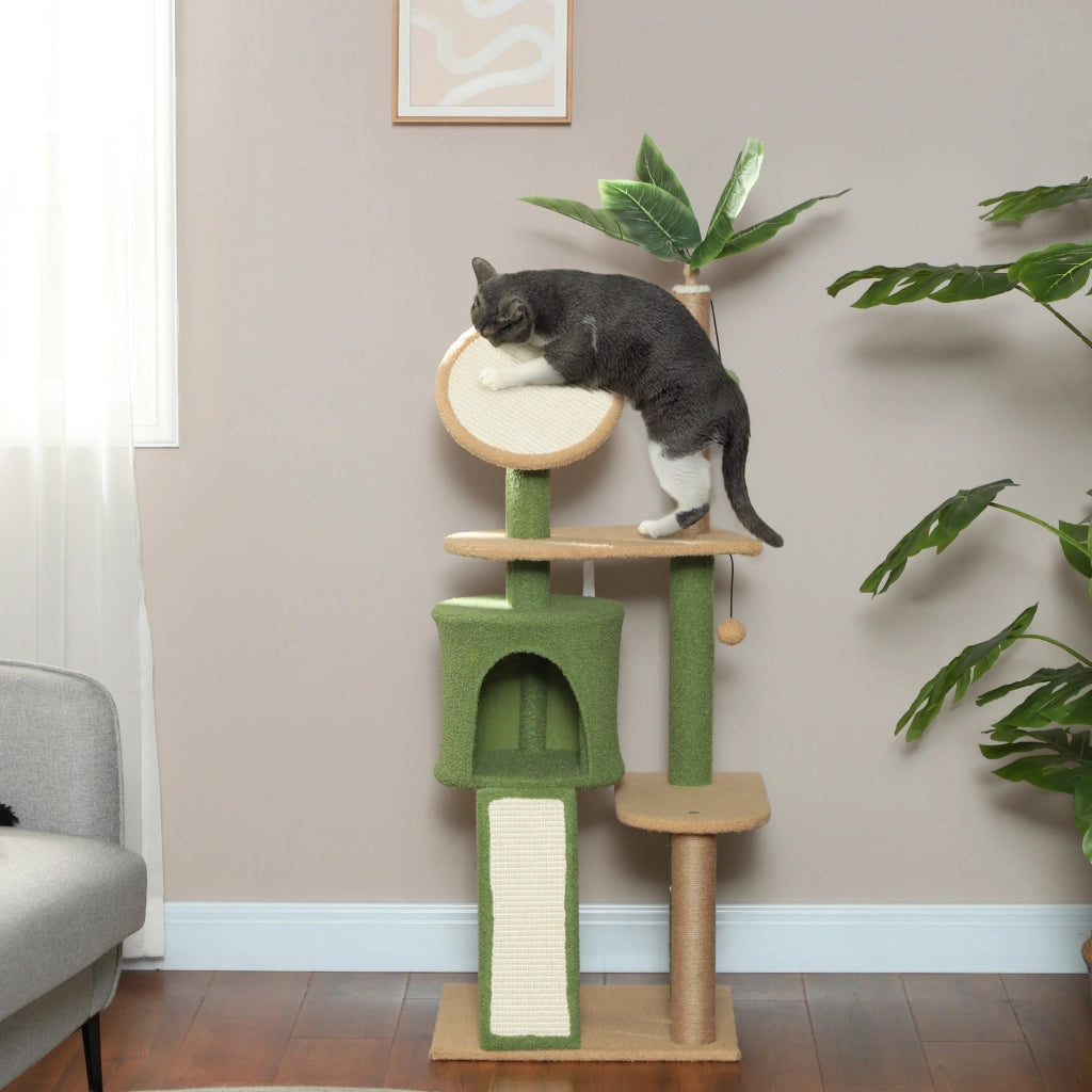 Albero tiragraffi per gatti con piattaforme, palla e tana ¨C zephmum ¨C Verde 139 cm