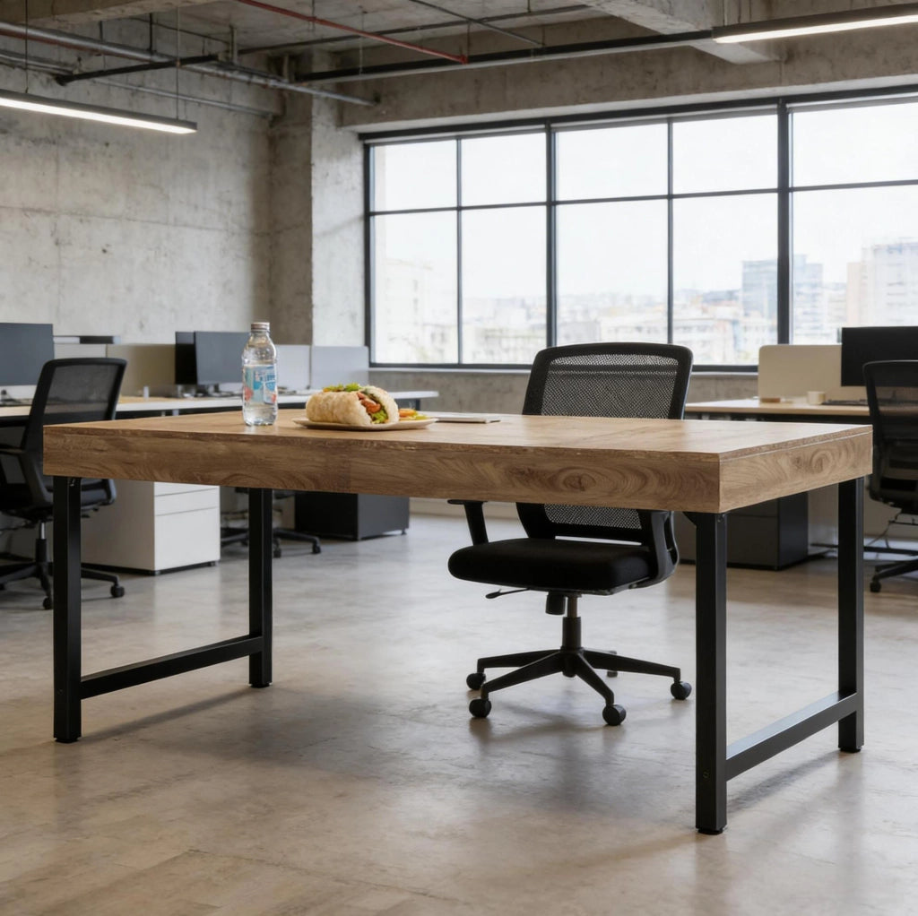 Scrivania da ufficio in stile rustico con piano in MDF e gambe in metallo nero, 140 cm