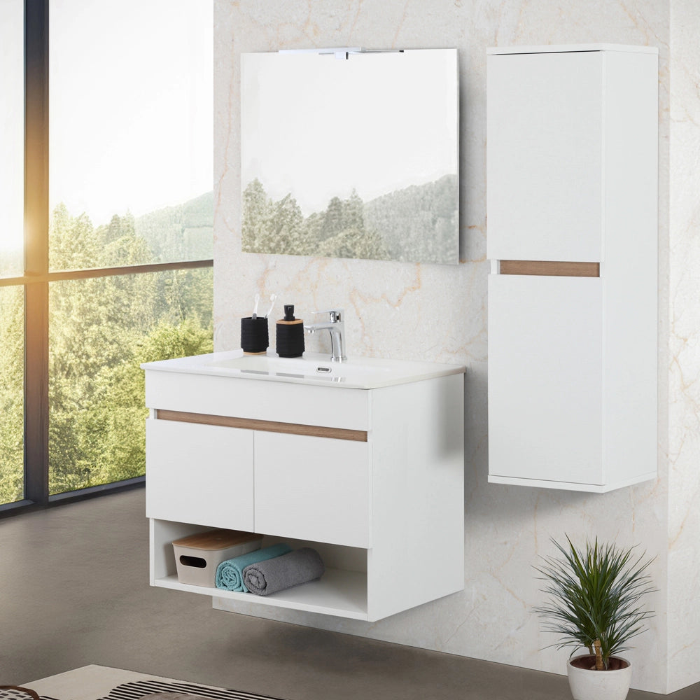 Mobile bagno sospeso 80 cm bianco e rovere con ante e vano a giorno Kleo