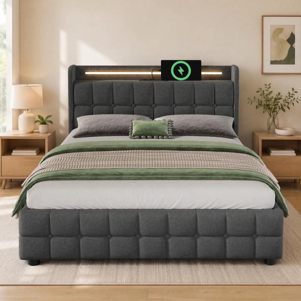 LETTO 160x200 cm Grigio in legno con 4 cassetti, LED, USB e prese
