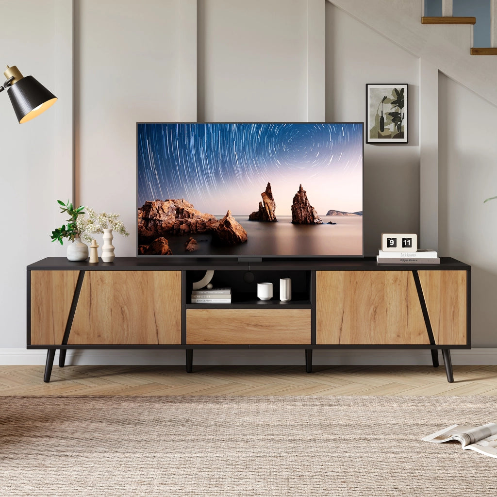 OKWISH Mobile TV con 2 Ante, 1 Cassetto e 1 Vano Aperto, per Soggiorno, 180 x 40 x 46 cm, Nero e Naturale