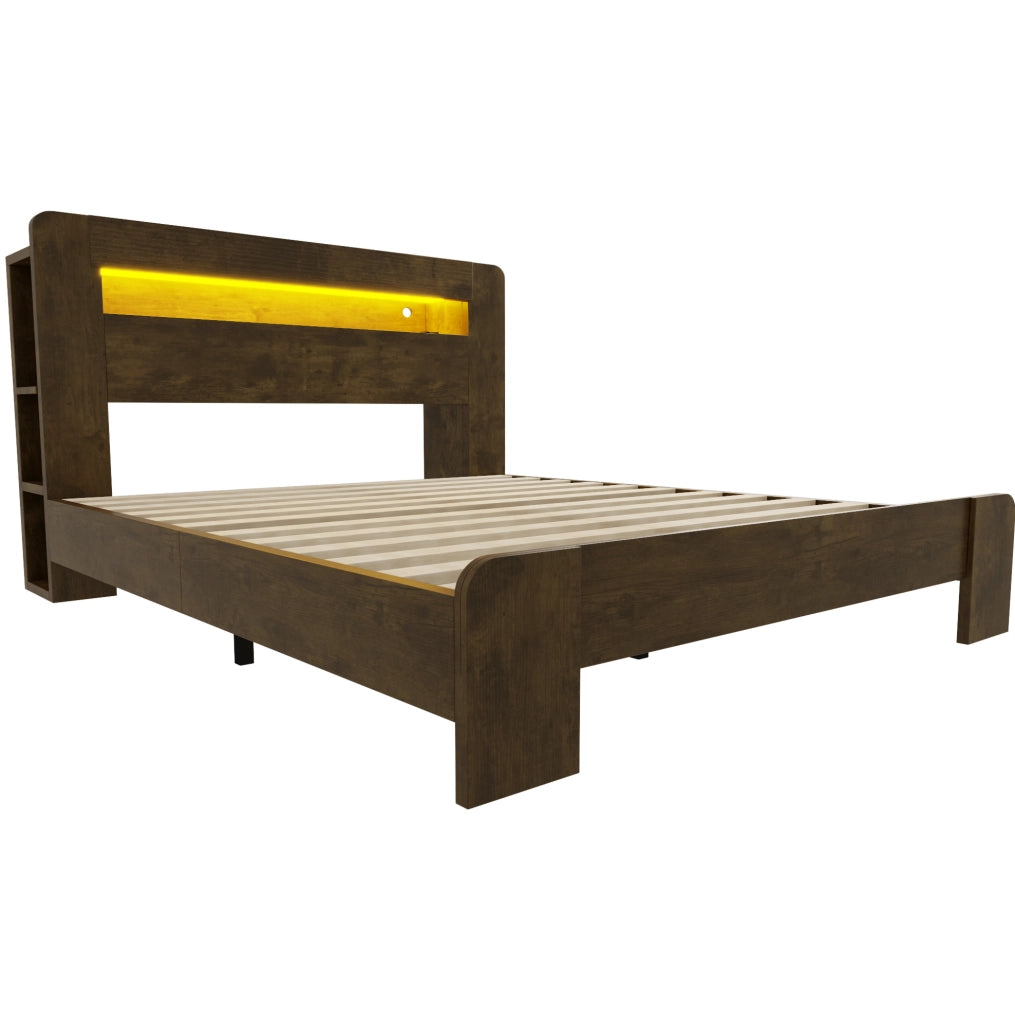 Letto 140x200 cm con testiera portaoggetti; LED e prese integrate in legno