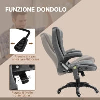 Sedia da Ufficio Massaggiante a 6 Punti Vibrante con Funzione Dondolo e Riscaldata, Poltrona Ufficio Reclinabile con Altezza Regolabile, Telecomando e Tasca Laterale in Tessuto, Grigio
