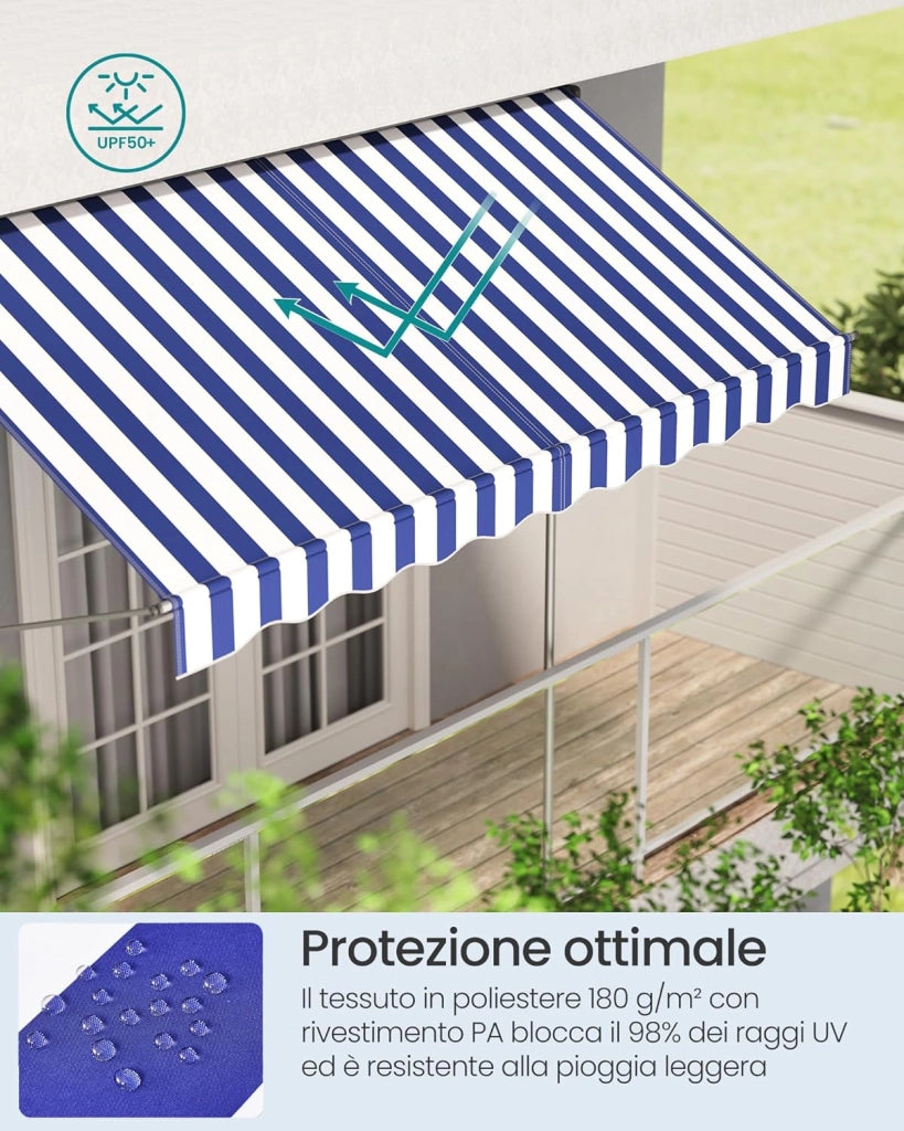 SONGMICS Tenda da Sole Avvolgibile, Tendalino Parasole Retrattile Manuale, Regolabile in Altezza con Manovella per Balcone Giardino Patio, 300 x 120 cm, Blu e Bianco GSA302QZ01