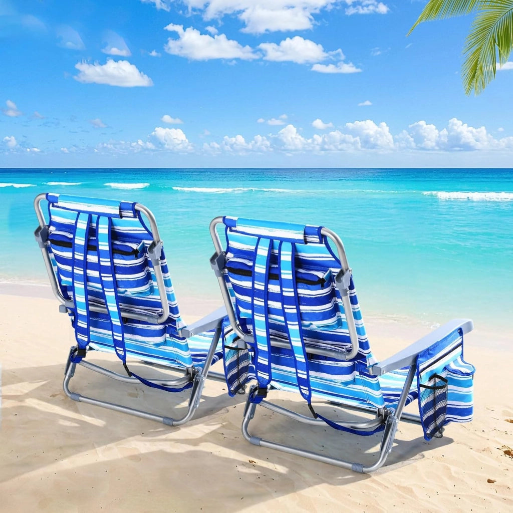 Sedia da spiaggia con funzione zaino, pieghevole con funzione di sdraio, per sabbia, schienale alto, regolabile, con bracciolo, cuscino lombare, poggiatesta tasche laterali, sedia da campeggio