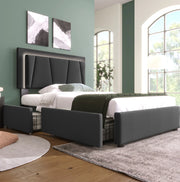 Letto singolo 90x200 cm con testiera regolabile, LED e 2 cassetti
