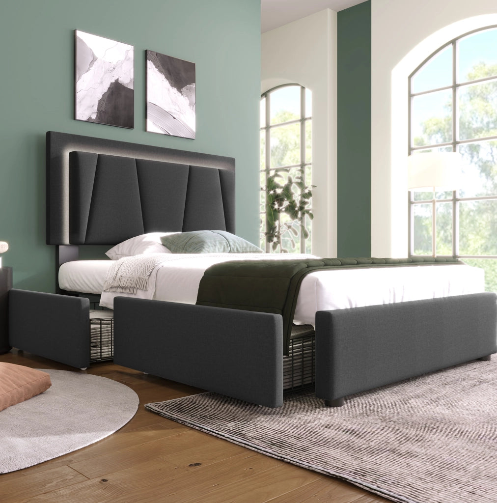 Letto singolo 90x200 cm con testiera regolabile, LED e 2 cassetti