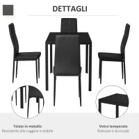 Set 5 Pezzi con 1 Tavolo e 4 Sedie per Cucina o Sala da Pranzo in Finta Pelle, Metallo e Vetro Temperato, Nero