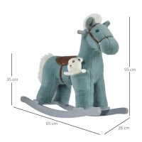Cavallo a Dondolo per Bambini in Peluche e Legno con Suoni e Orsetto Incluso, per Bimbi da 18-36 Mesi, 65x26x55cm, Blu