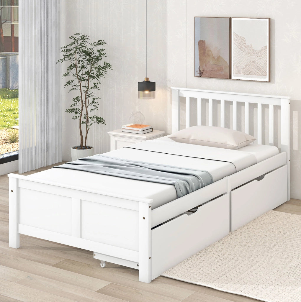 Letto singolo bianco con cassetti e struttura in legno massiccio