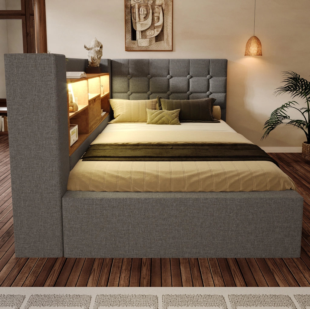 Letto singolo imbottito 90x190 cm grigio con LED, ricarica USB-C e vano idraulico