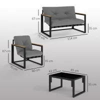 Set da Giardino 4 Pezzi con 2 Sedie, Divanetto 2 Posti e Tavolino, in Acciaio e Poliestere Grigio Chiaro e Nero