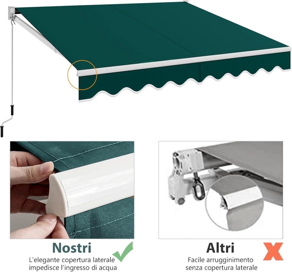 Tenda da Sole per Esterno Avvolgibile, Tenda da Sole a Bracci Estensibili con Telaio in Alluminio e Tettuccio Resistente al Sole e Impermeabile e Manovella (295 x 250 cm,Verde)