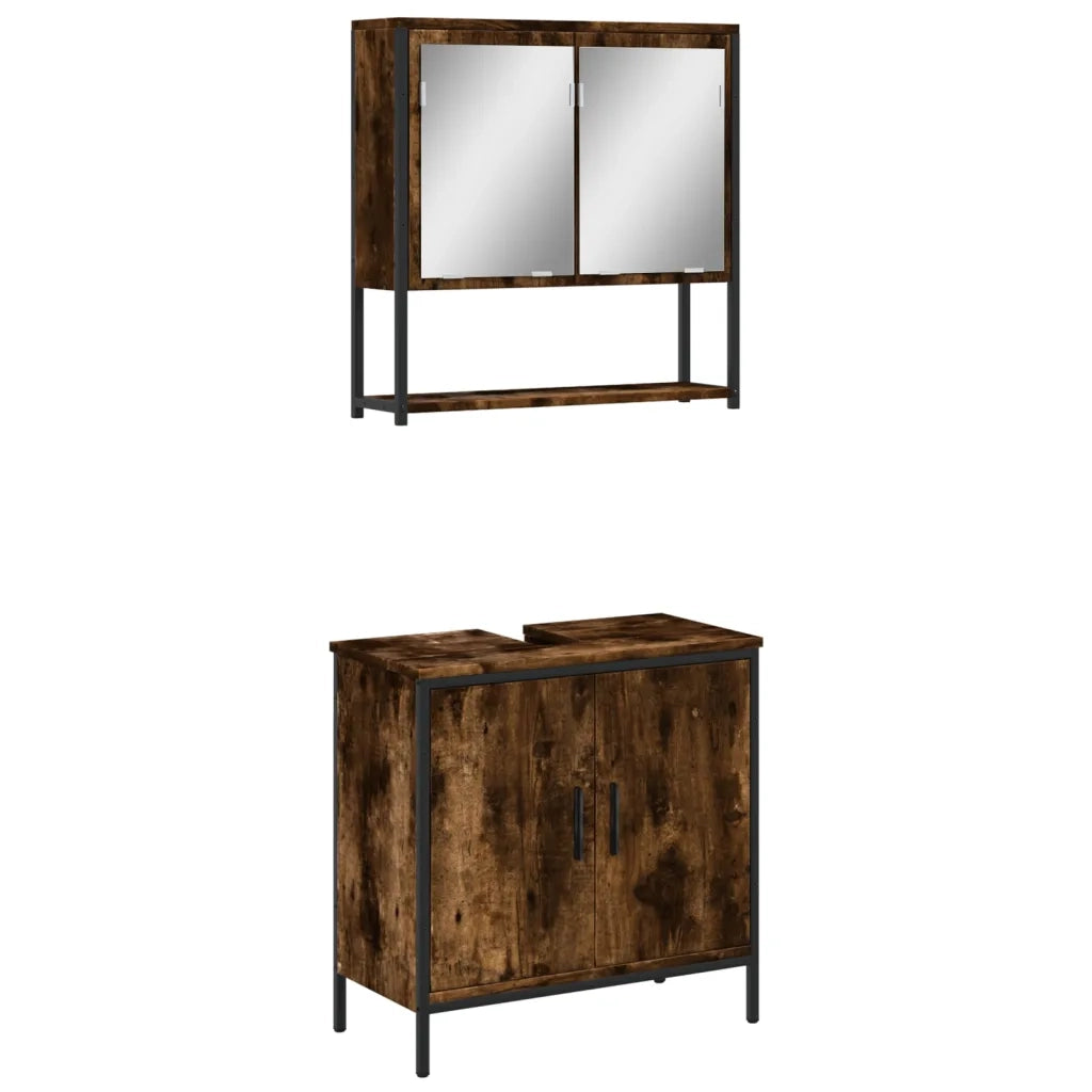 Set Mobili da Bagno | Armadio da bagno 2 pz Rovere Fumo in Legno Multistrato
