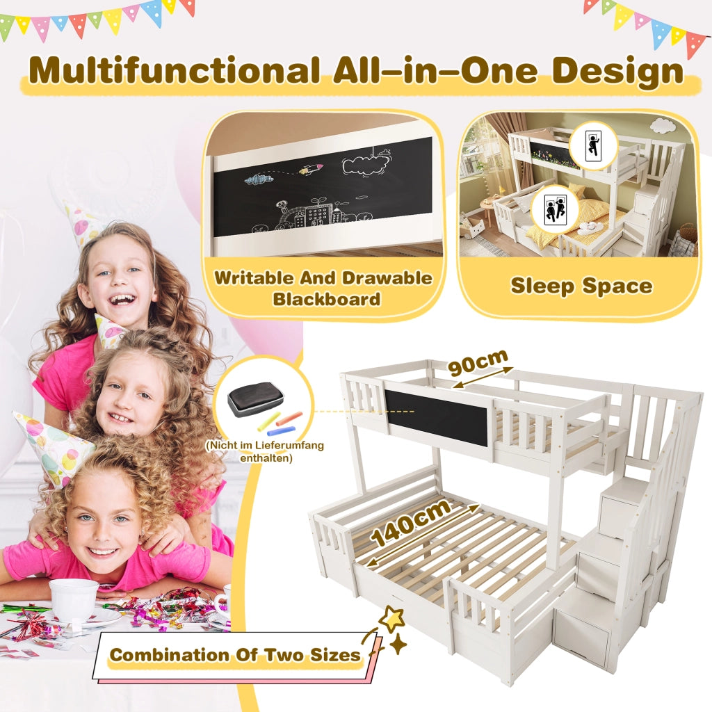 OKWISH Letto a Castello 90×200 cm e 140×200 cm, Letto 3 Posti con Contenitore, 2 Cassetti e Lavagna, senza Materasso, Bianco