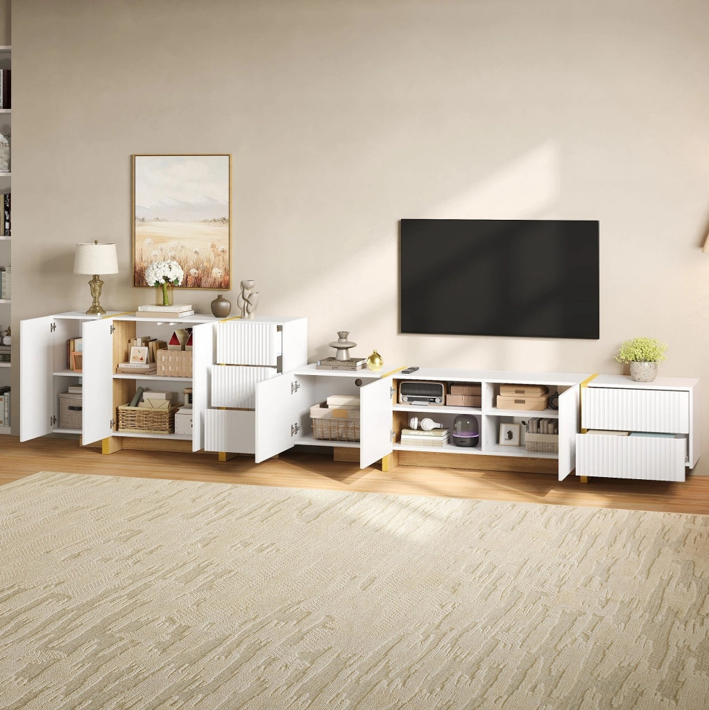 Set mobile TV e sideboard con frontali scanalati; MDF e pannello truciolare; bianco