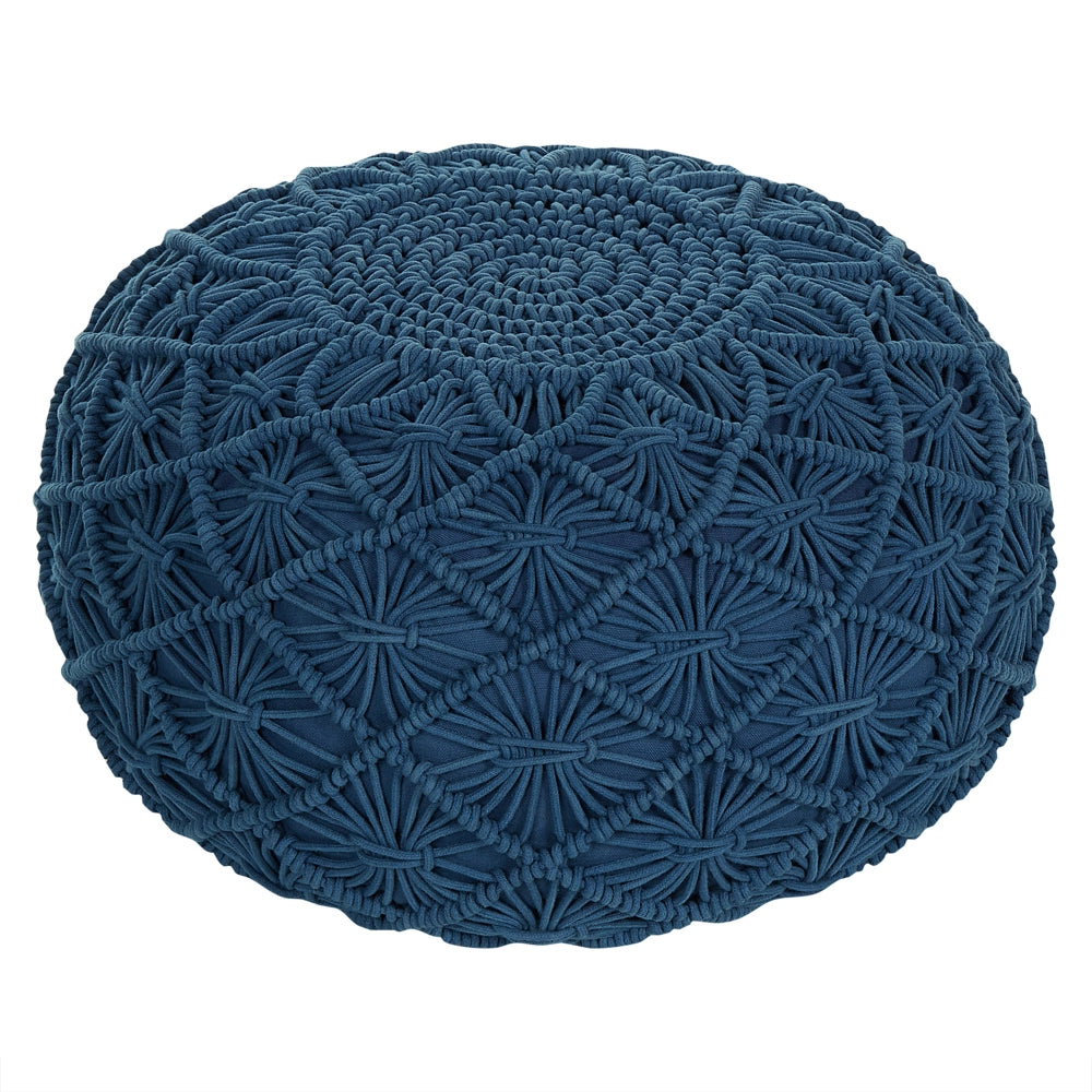 Pouf in cotone imbottito 50 x 30 cm blu scuro con motivo macramé stile boho per camera da letto o soggiorno