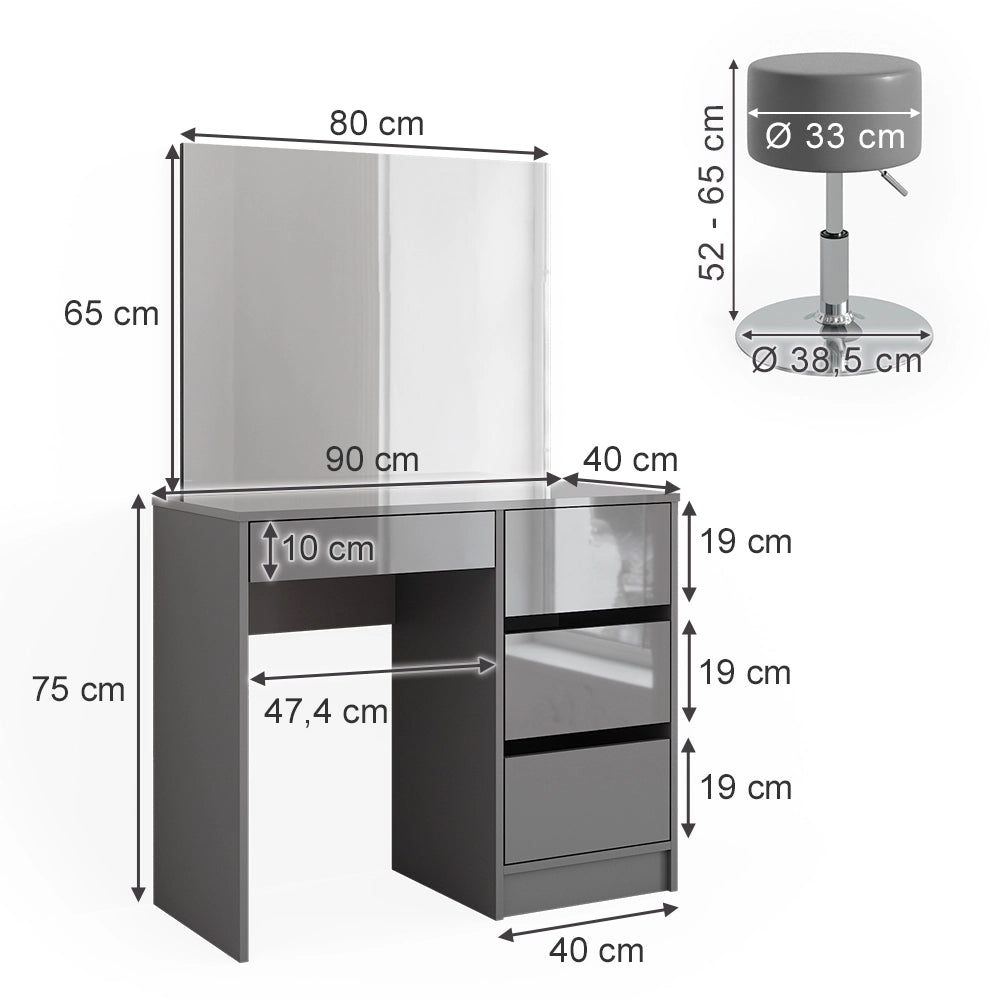 Vicco Tavolo da toeletta Grigio 40 cm con sgabello