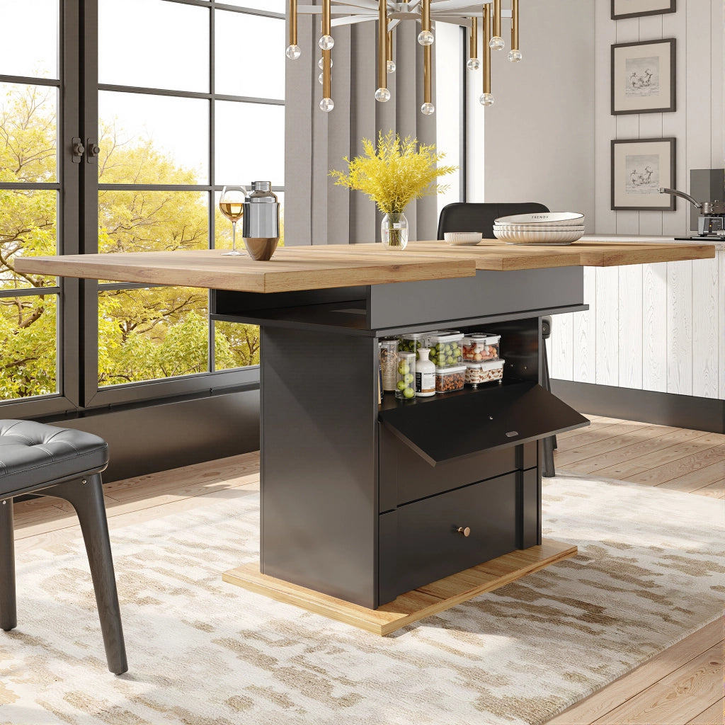 Tavolo allungabile con vano contenitore, piano estensibile e chiusura magnetica soft-close, per cucina e soggiorno, nero naturale, 110 × 80 × 75 cm