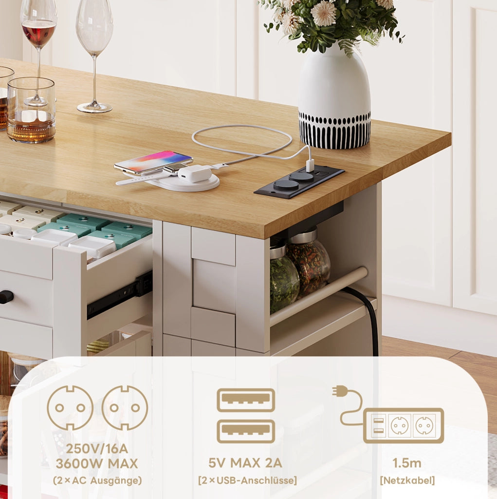 Isola da cucina mobile 120 cm con tavolo pieghevole e prese