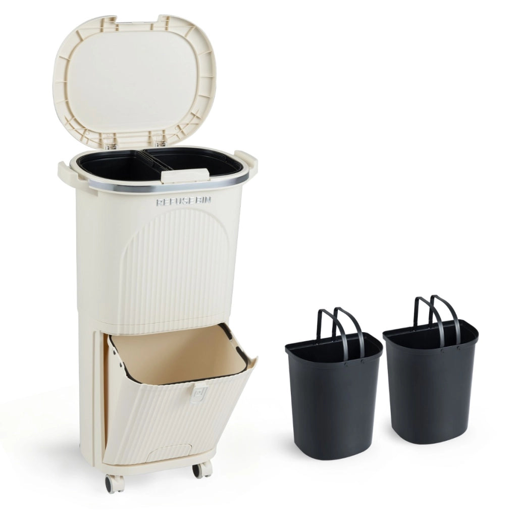 Pattumiera 38l cucina coperchio bidone 2 secchi rimovibili, Pattumiera pedale pratica passo e ruote resistenti Beige-Organizzazione della cucina