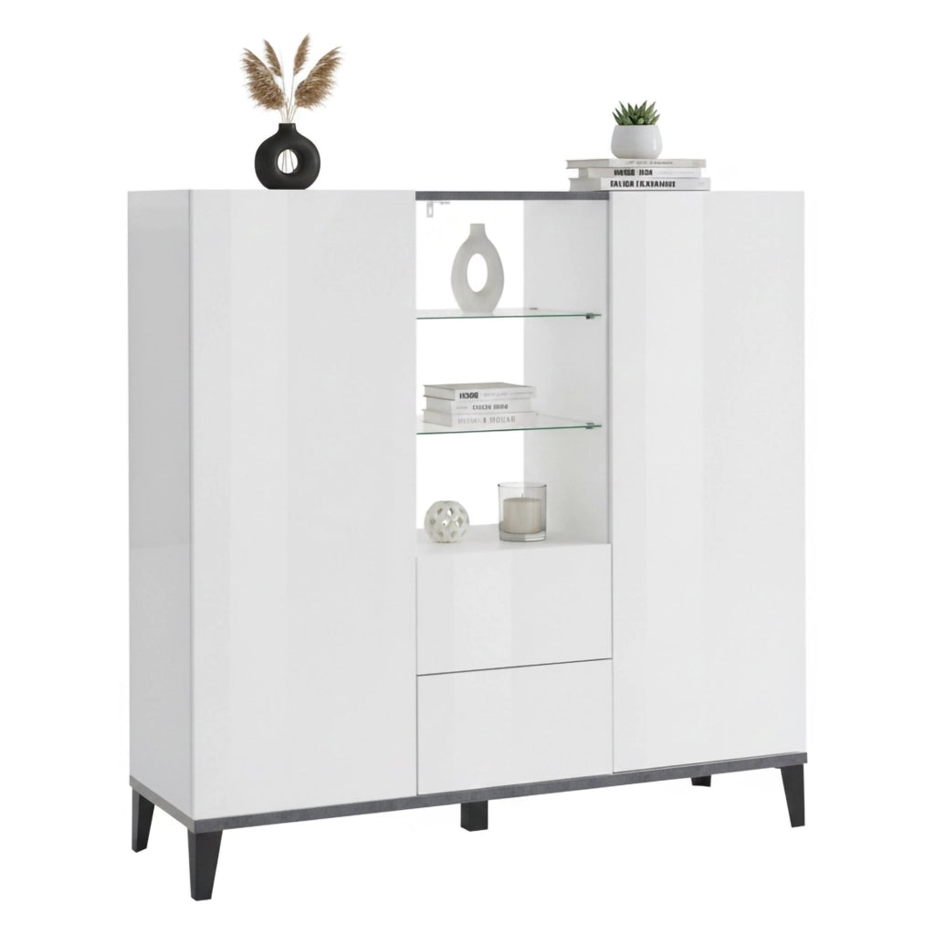 Credenza moderna a 2 ante e 2 Scirocco, Made in Italy, Madia con ripiani, Buffet di design da ingresso, Cm 120x40h133, Bianco lucido e Ardesia