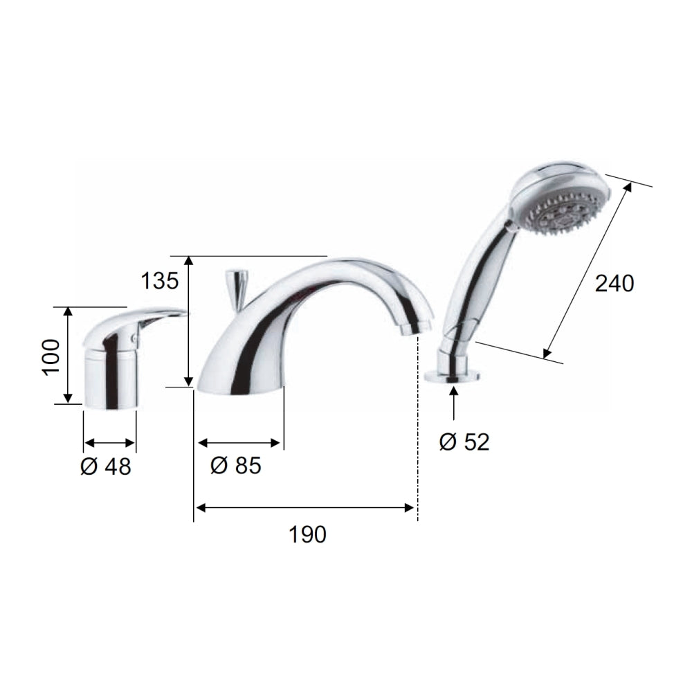 Rubinetto bordo vasca con deviatore, bocca pesante e doccetta - serie ten