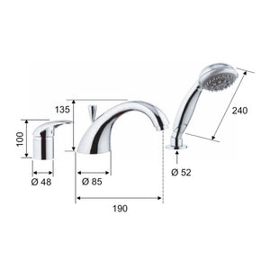 Rubinetto bordo vasca con deviatore, bocca pesante e doccetta - serie ten