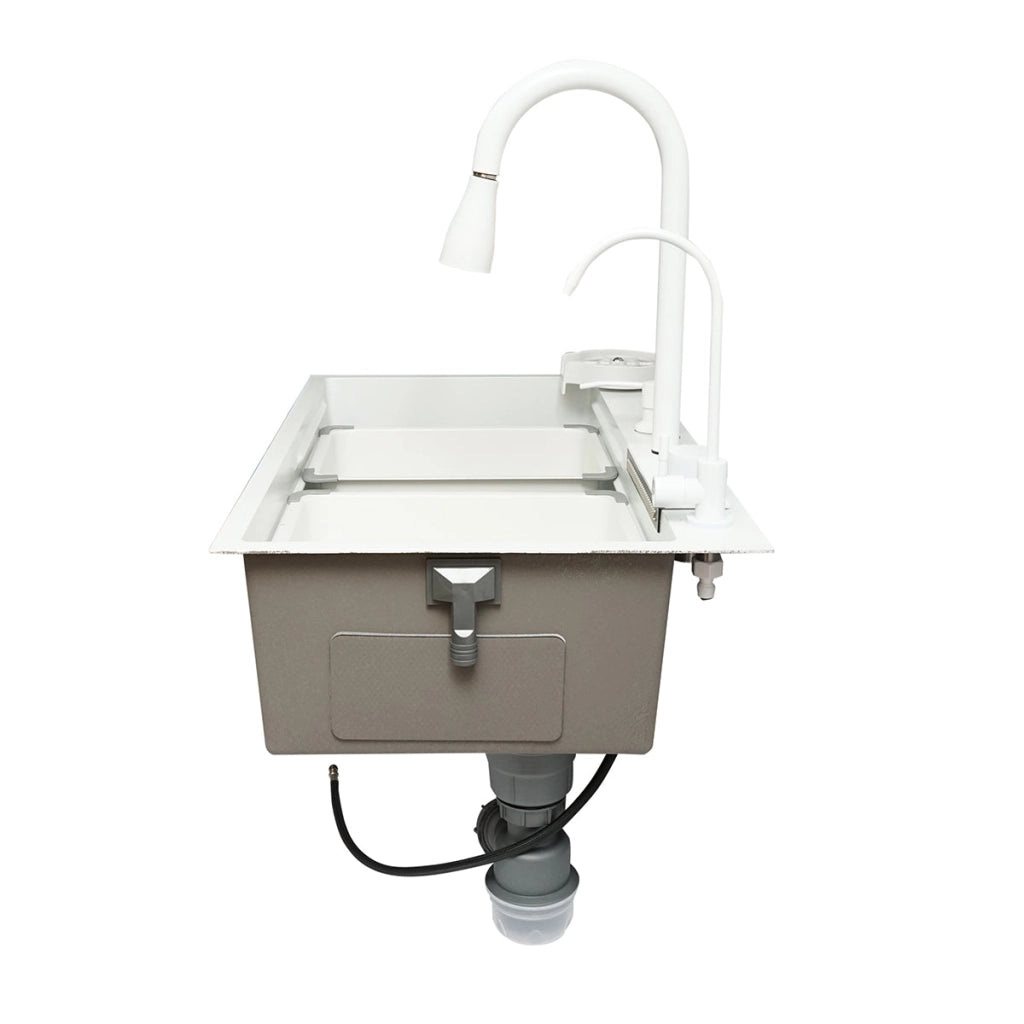 Lavello da cucina multifunzionale in acciaio inox con due rubinetti, funzione cascata, lavapentole, dispenser di sapone, scolapiatti, vassoio, tagliere e accessori di scarico inclusi, dimensioni 75x46x23,5 cm.