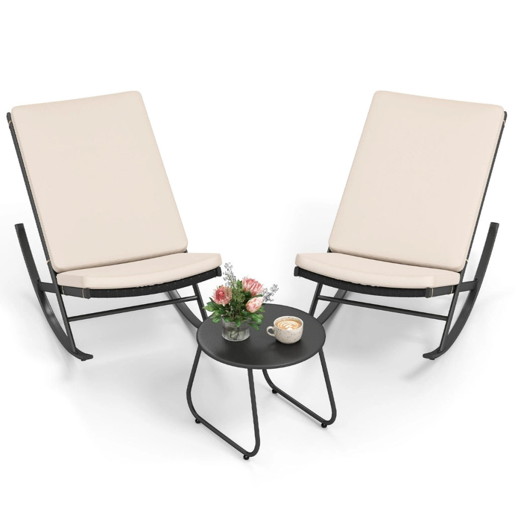 Set sedie a dondolo da 3 pezzi in rattan PE con tavolino da caff¨¨ e cuscini spessi, Set di mobili da giardino Beige
