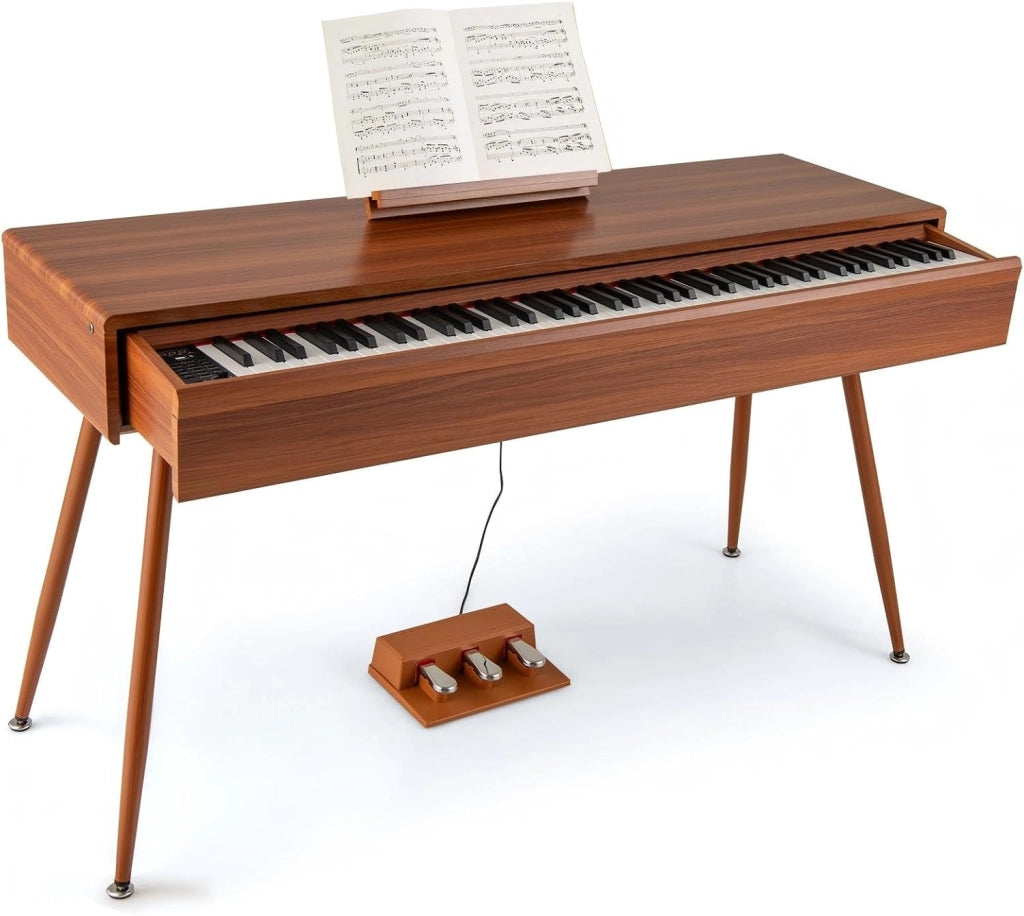 Piano Digitale 88 Tasti, Tastiera Piano Elettronica con 800 Suoni & 600 Ritmi, Tasti Pesanti, Piano Digitale con Supporto & 3 Pedali, Modalità Doppia Tastiera, Marrone