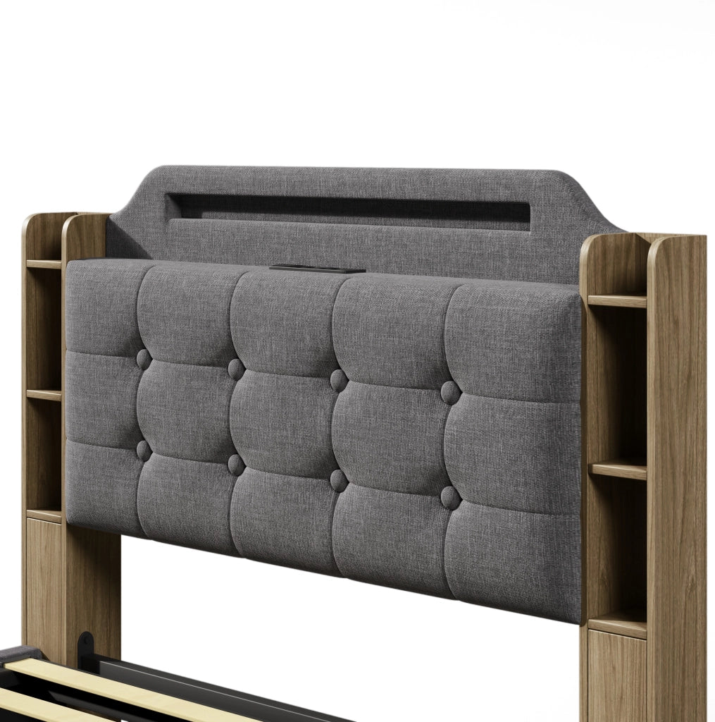 Letto imbottito ULEVR 140x200 cm con contenitore idraulico, LED, USB e Type-C, lino grigio