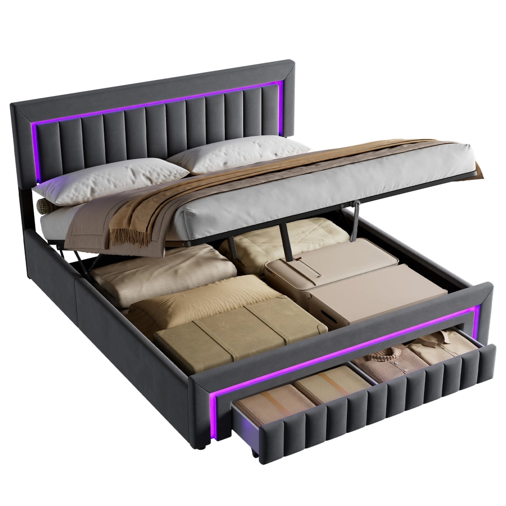 LETTO Imbottito 180x200 cm in Velluto Grigio Scuro con LED e Cassetti