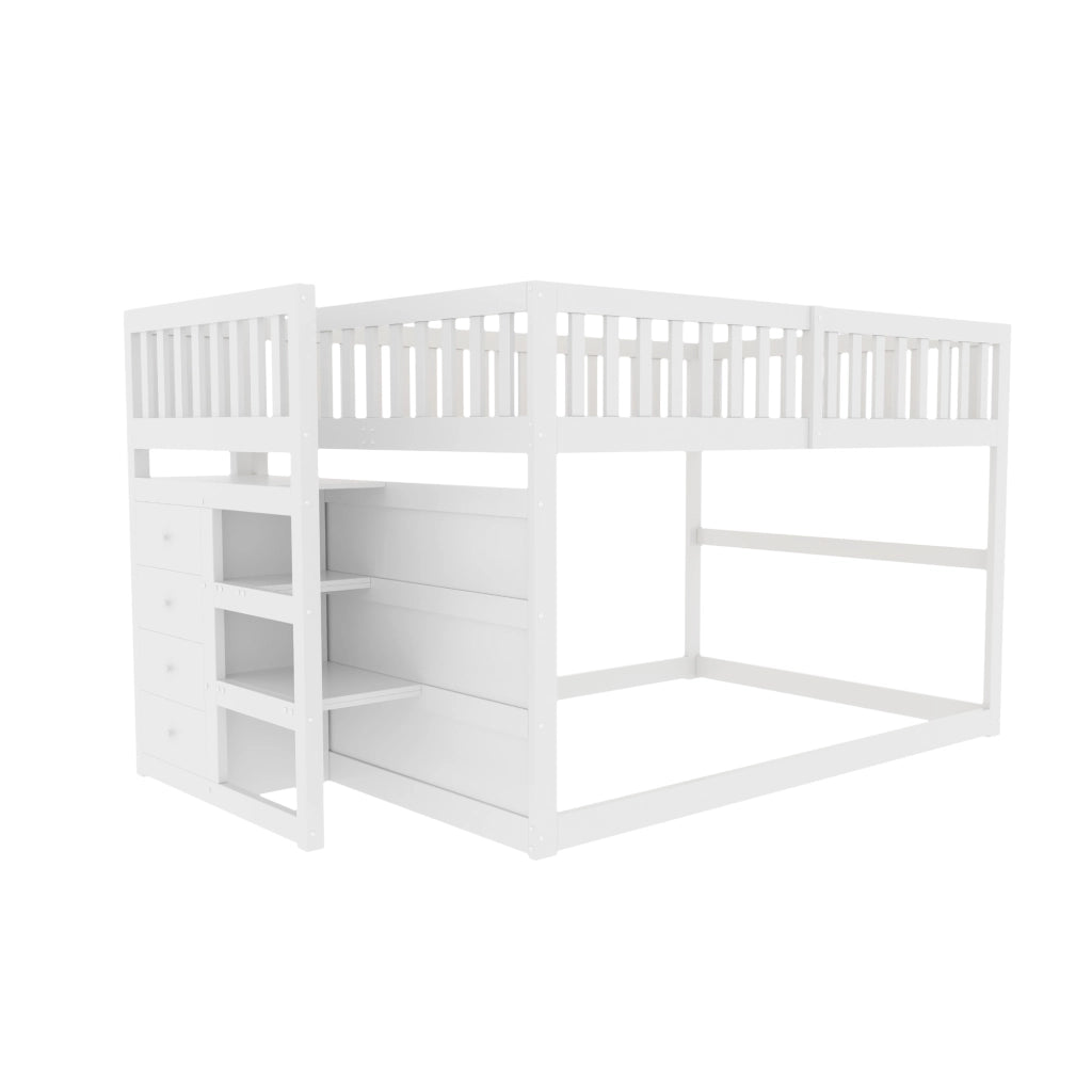 Letto a castello basso bianco in legno con scomparti portaoggetti 140x200 cm