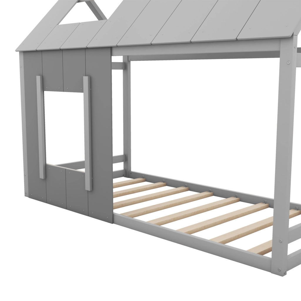 LETTO per bambini 90x200 cm in legno di pino e MDF grigio, casa con tetto e finestra