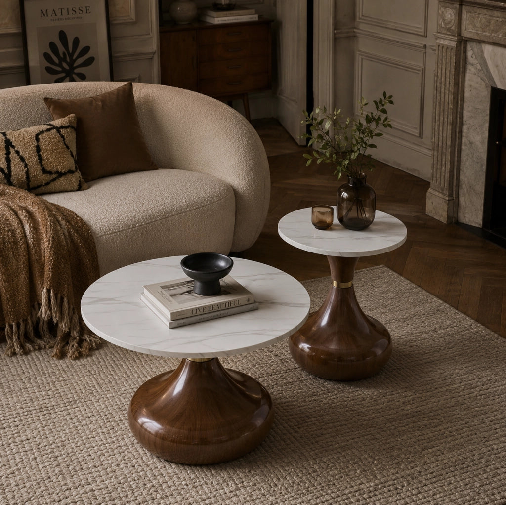 Set di 2 tavolini da caffè ?70x42 cm e ?50x51;5 cm in melamina e metallo; design moderno bianco e noce