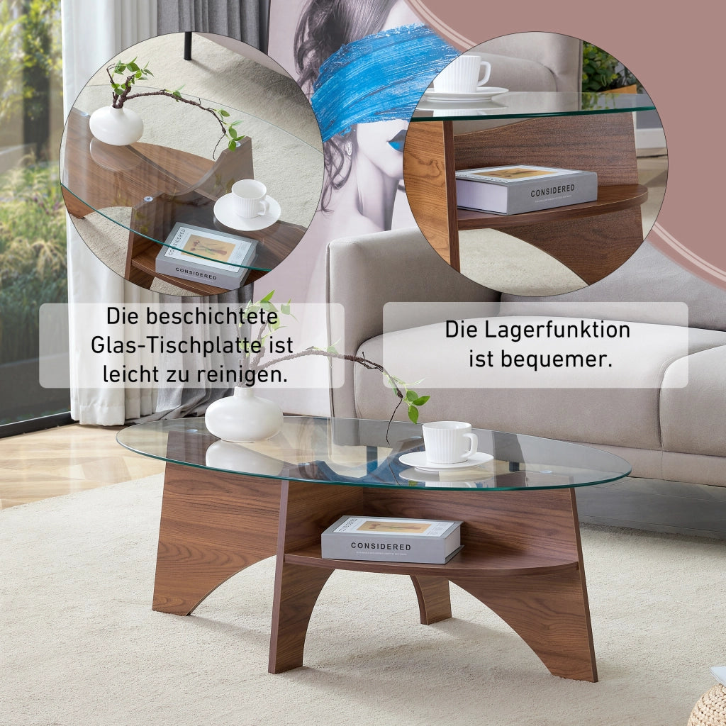 Tavolino da caffè ovale con ripiano - per soggiorno - in MDF e vetro - 104.9×60 cm