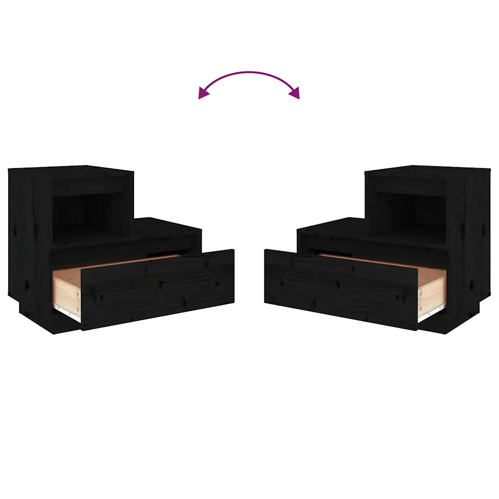 Set di 2 Comodini | Armadio da Notte | Mobiletto da notte Neri 60x34x51 cm in Legno Massello di Pino