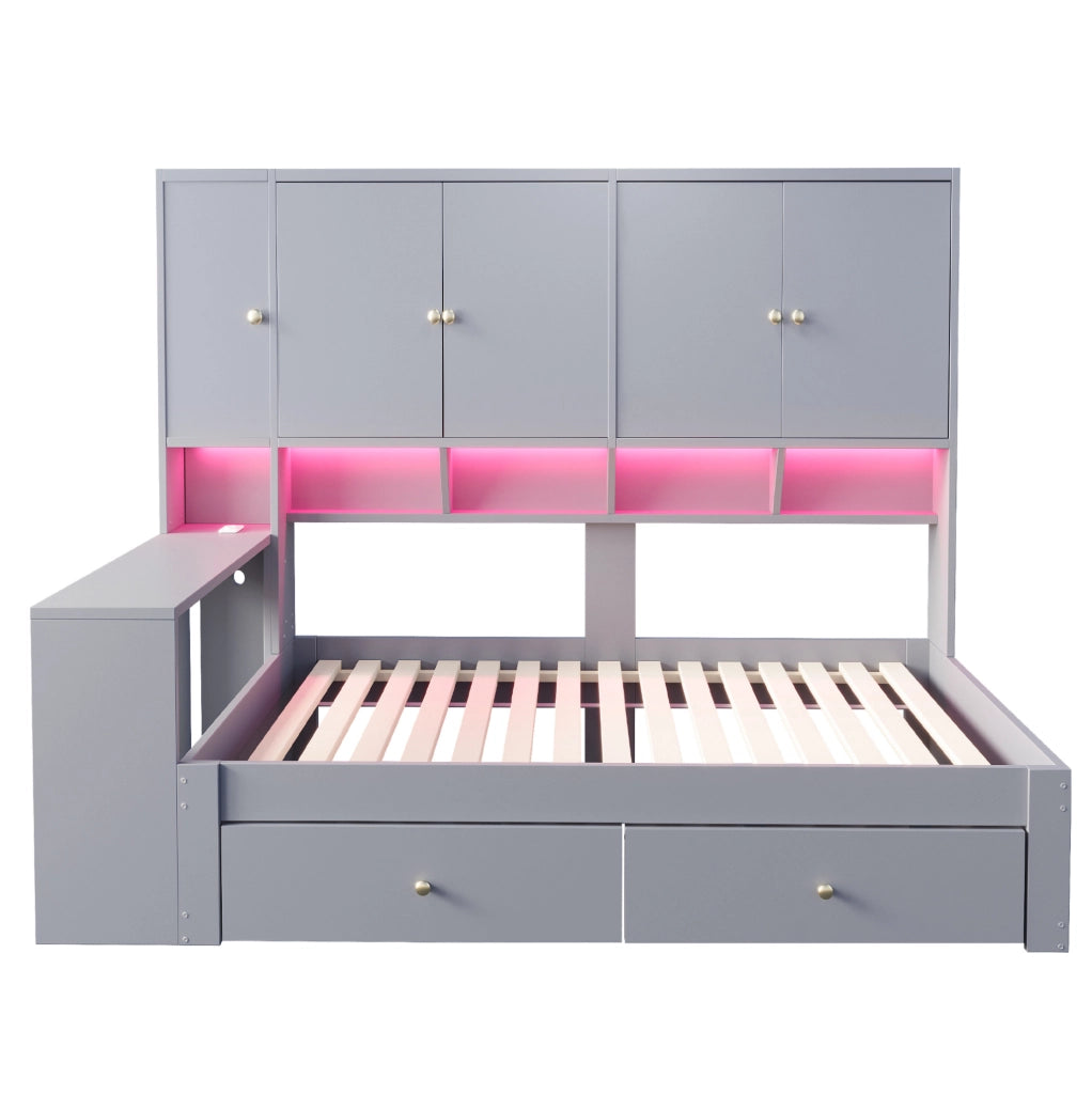 Letto 90x200 cm con scrivania, LED, prese e cassetti in compensato e MDF grigio
