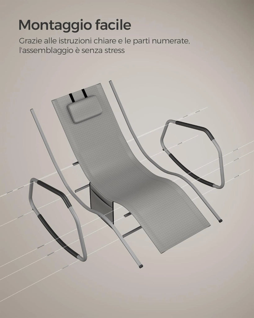 SONGMICS Sedia a Dondolo, Sedia a Sdraio con Fermi Antiribaltamento, Cuscino Regolabile, Telaio in Acciaio, Tessuto Respirante, Tasca Portaoggetti, 156,2 x 97,3 x 151 cm, Grigio Tortora GCB230G01